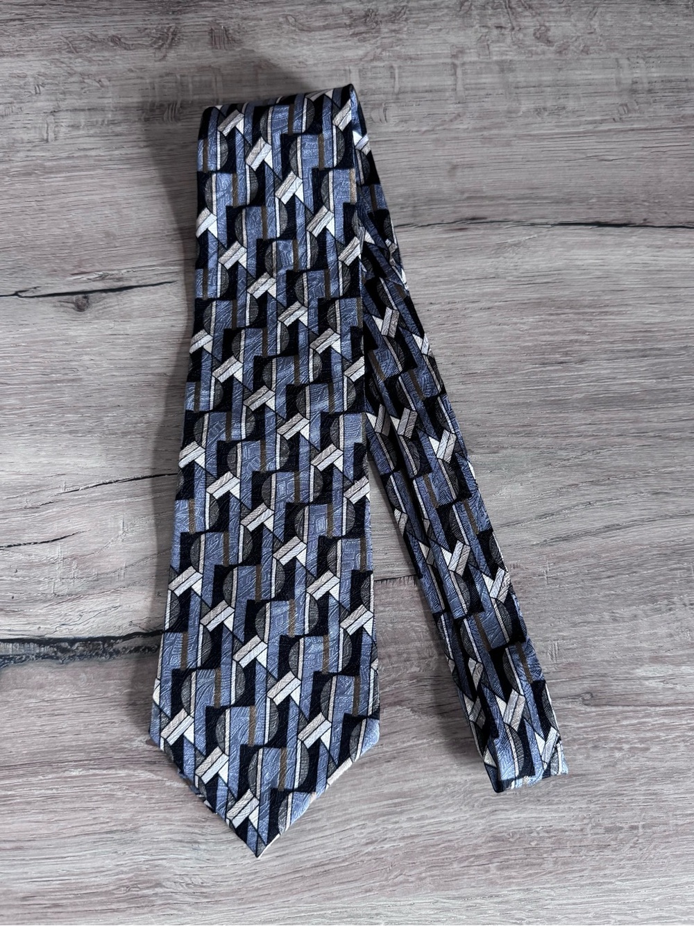 Vintage Oscar de la Renta 100% Silk Tie Blue Gray Black Geometric Made in USA